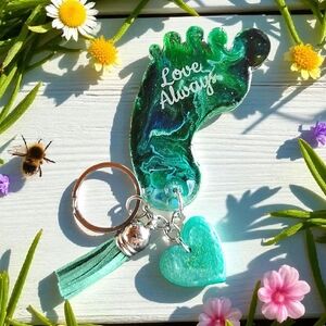Green Footprint Keychain with Heart Charm